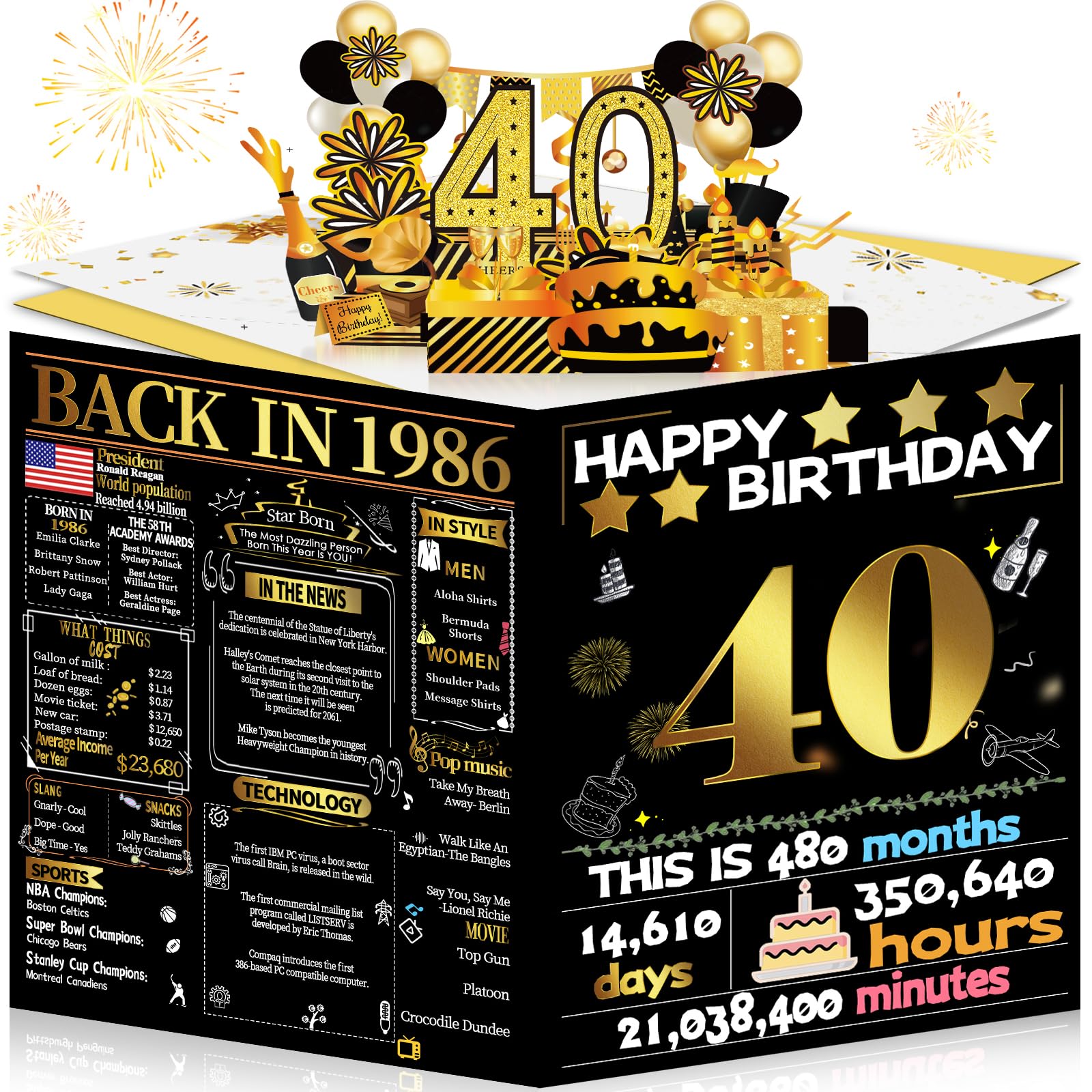 Joycard 40th Birthday Card for Women Men, 3D Pop Up Happy Birthday Gift for Her Him, Funny 40 year old Birthday Decorations for Wife Husband, Back in 1986 Laser Gold Retro Theme