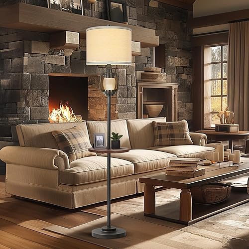 Miniatura 13 de Lámpara de pie rústica con bandeja de metal para sala de estar con luz nocturna, lámpara alta vintage con pantalla de tela de lino, lámpara de pie