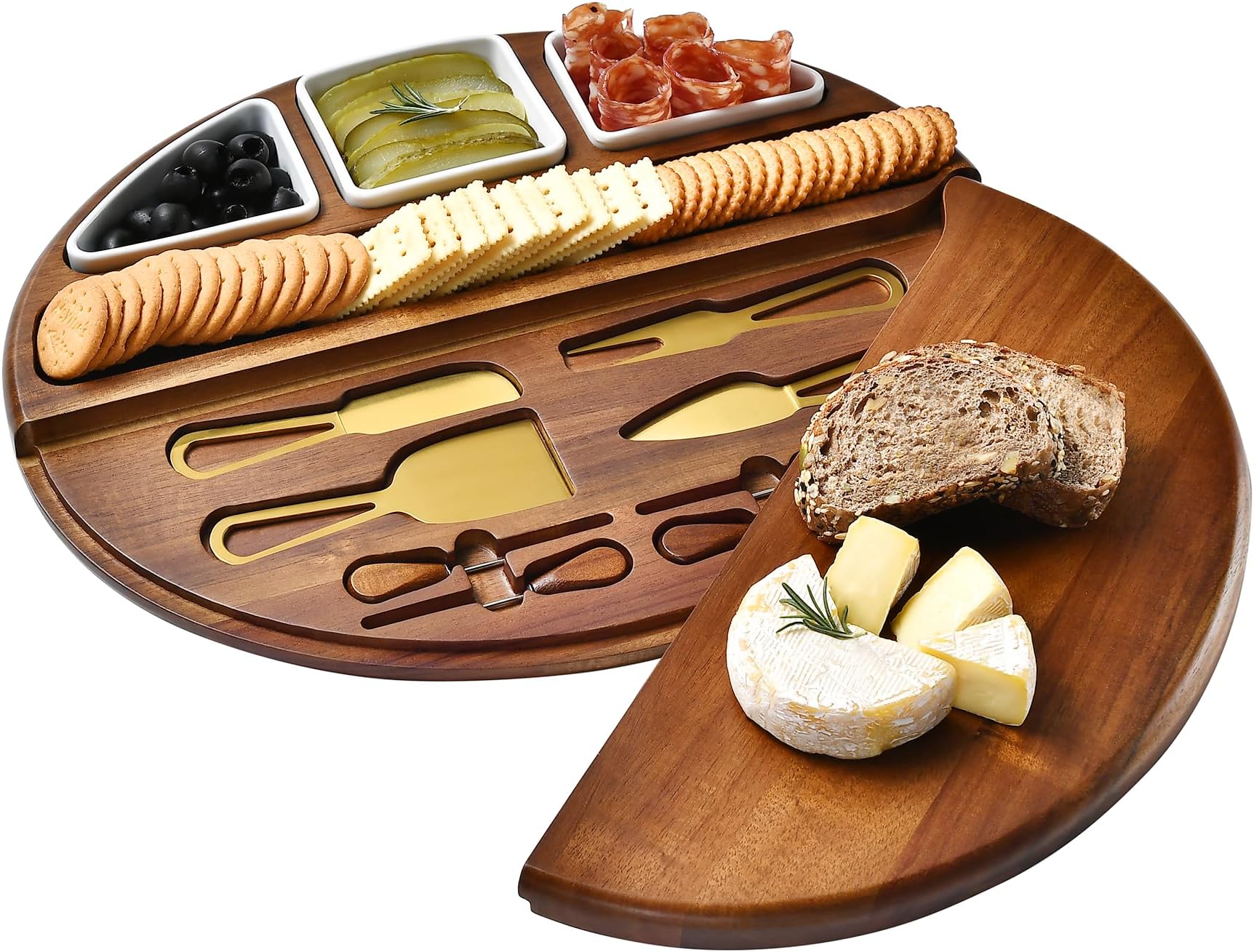 Shanik Upgraded Cheese Cutting Board Set, Acacia Wood Charcuterie Board Set, Cheese Serving Platter, Cheese Board and Utensil Set, 3 Knives, Ceramic Bowls - Gift for Any Occasion