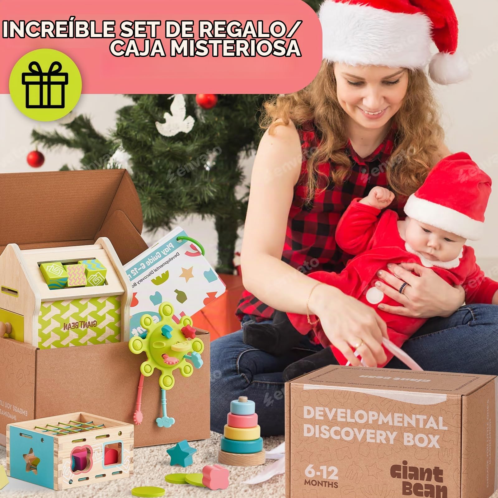 Giant bean Montessori Juguete a partir de 6 – 12 meses, juguete Montessori 5 en 1, torre apilable, juguete sensorial de mordedor, rompecabezas con espejo, caja permanente de objetos, regalo para bebés