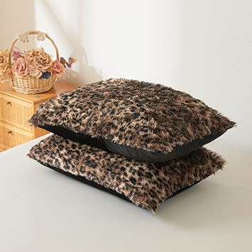 XeGe Fluffy Faux Fur Cheetah Print Duvet Cover Set, Brown and Black, Queen