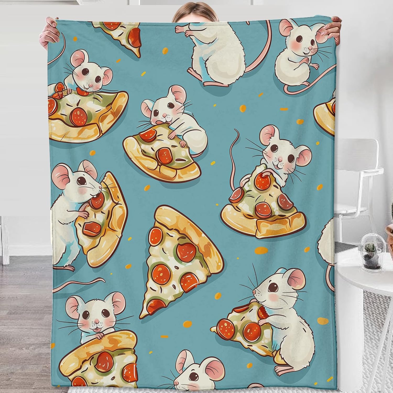 Rat Pizza Blanket,Gifts for Animal Lovers,Lightweight Flannel Throw Blankets,Playful Cartoon Mouse on Blue Background Throws Home Decor,for Couch Living Room Office,60x50inch