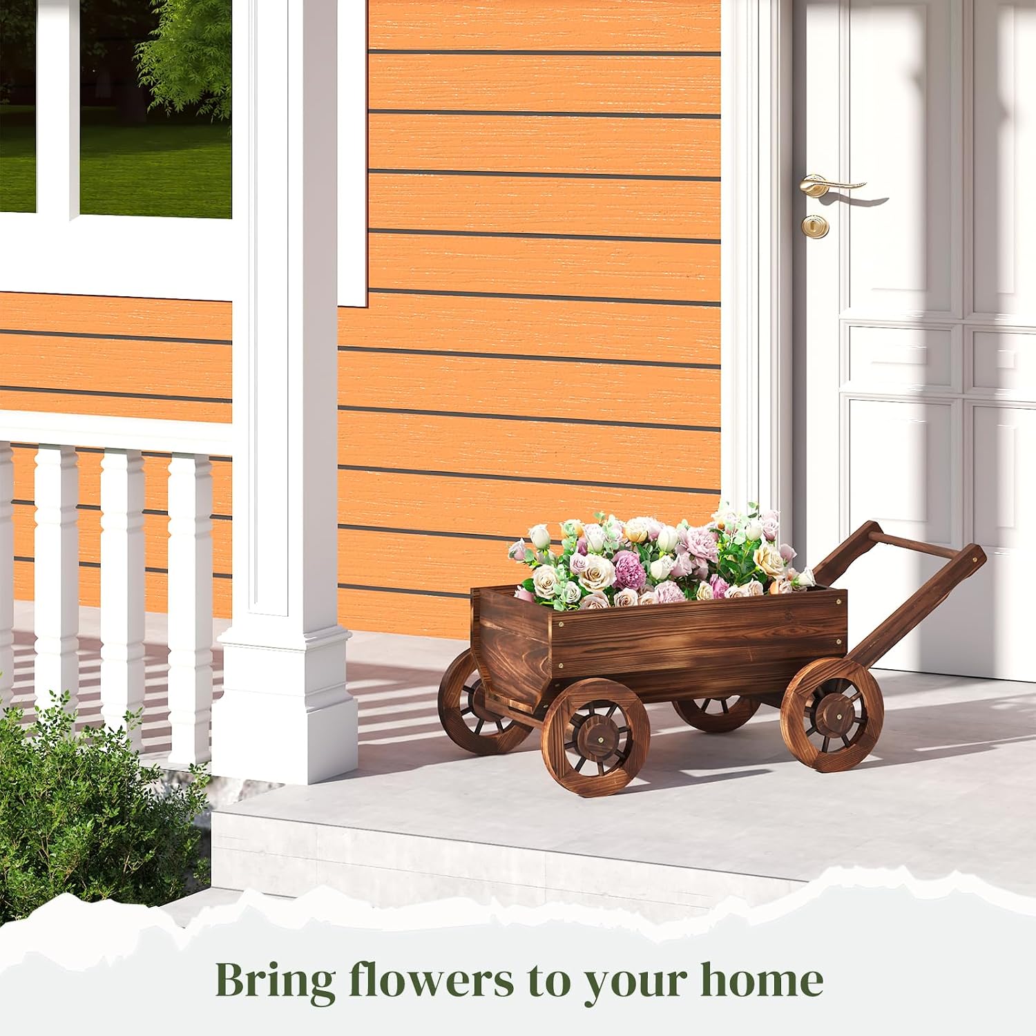 Wooden Wagon Garden Planter Cart with Wheels Rustic Flower Pot – Indoor Outdoor Patio Backyard Balcony Decor for Succulents, Flowers and Plants（Carbonized-L