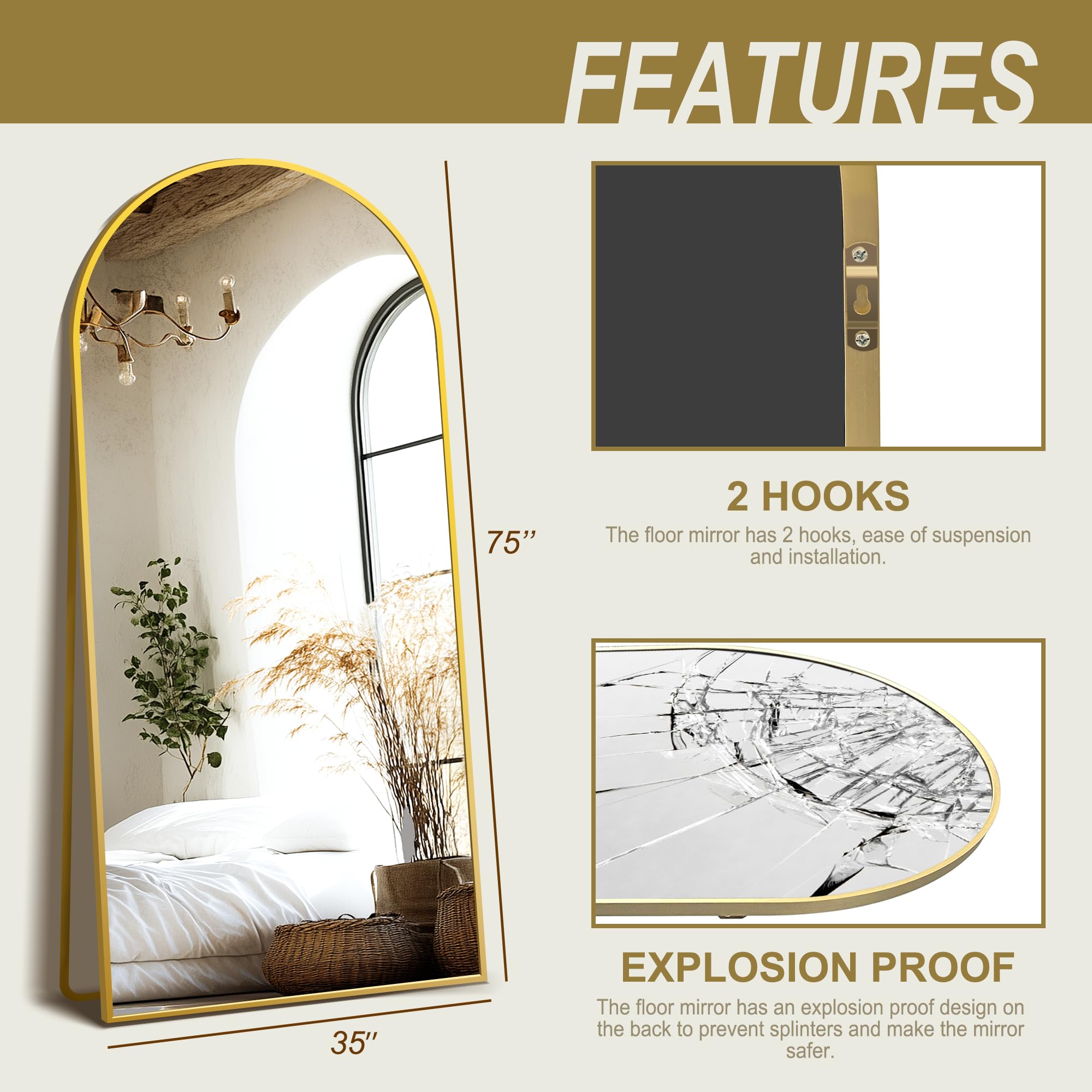 Delma Arched Mirror Full Length,Standing Mirror Full Body,Large Floor with Stand for Wall Entryway Door Bedroom Bathroom Living Room: Gold Frame 75"L x 35"W