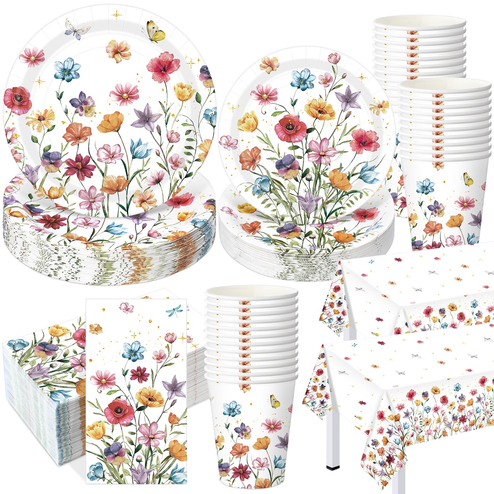 Layhit Widflower Partydekoration, Blumen-Pappteller, Servietten, Becher, Schmetterling, Wildblumen, Tischdecke für Frühling, Sommer, Geburtstag, Hochzeit, Party, 202 Stück (Widflower 5, bunt)