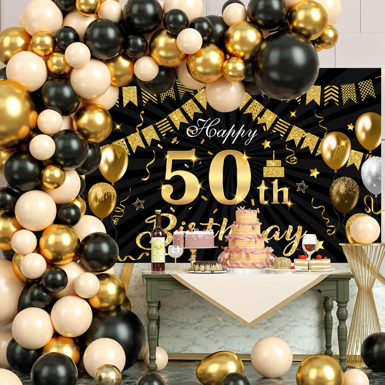 Geburtstagsbanner „Happy 50th“ – 180x110 Cm, Schwarz-Gold, Für Party-Deko & Fotohintergrund