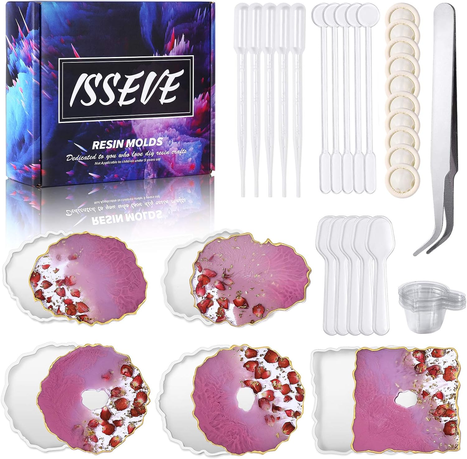 ISSEVE Resin Molds Geode Coasters Mold, Irregular Coaster Molds Kit Include 5Pcs Agate Geode Resin Coaster Molds 36Pcs Making Tools for Resin Casting