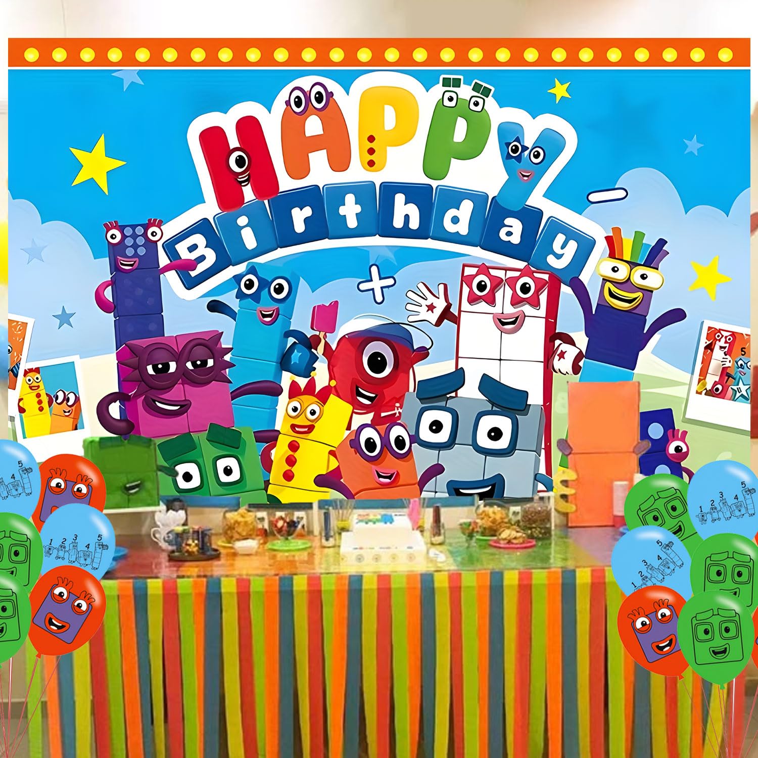 Number Birthday Party Decoration,Block Party Photo Background 5 x 3 FT and 18 Pcs Balloon,Merch Party Backdrop Supplies
