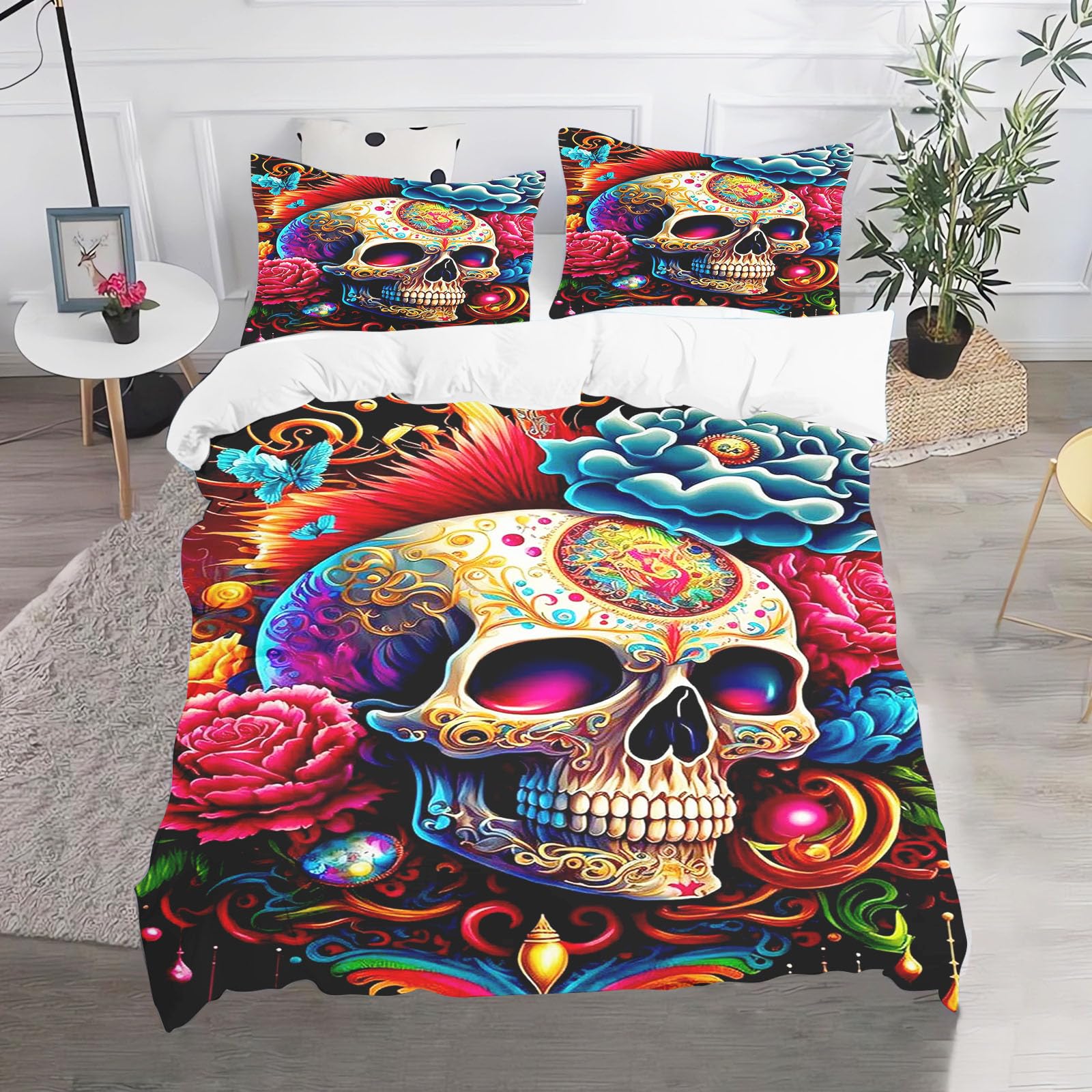 Fadaing Bedding 3D Skull Duvet Cover 135 x 200 cm Skull Pattern Gothic Duvet Cover Skull Print Children's Duvet Cover, Microfibre for Children, Boys, Girls (140 x 210 cm, 12)