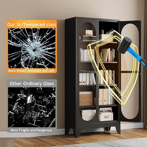 Miniatura 37 de Gabinete de almacenamiento de despensa negro de 61 pulgadas, armario de despensa de cocina con puertas y estantes de vidrio acrílico, con pie de