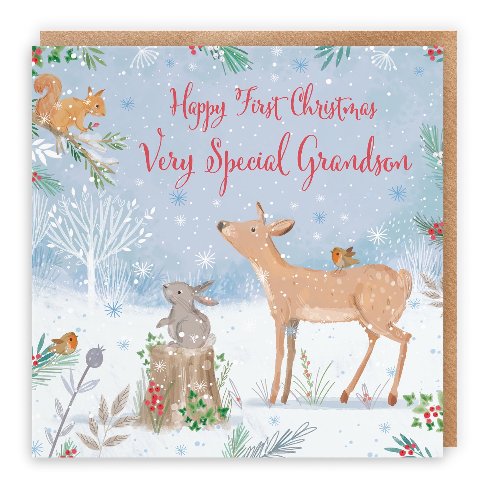 Hunts England, Cute Deer Grandson's 1st Christmas Card, Nature's Treasures, Baby Grandson First Christmas