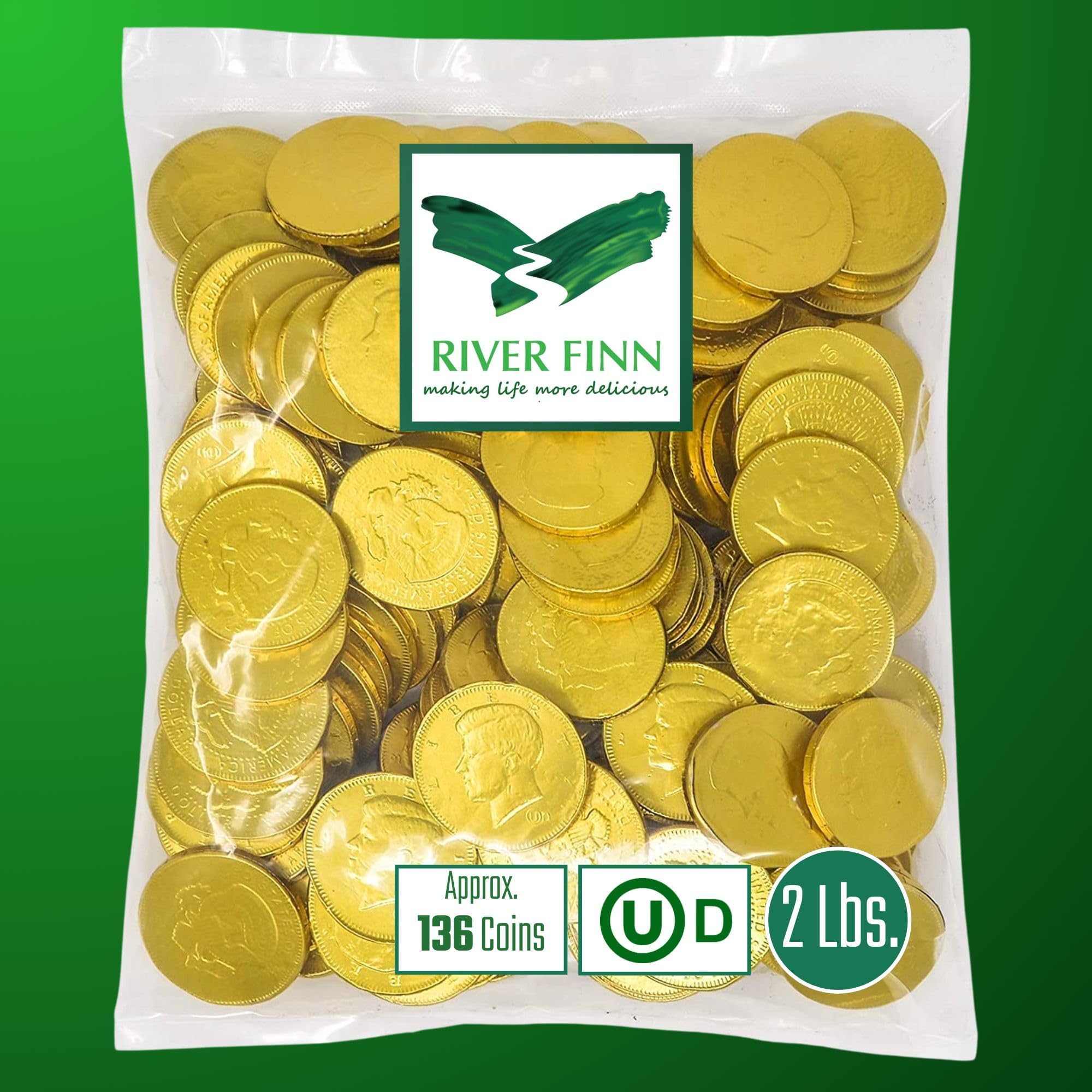 RiverFinn Premium Large Milk Chocolate Coins, (2 Lbs.) George Washington Quarters, Gold Foil Wrapped, Bulk, Kosher Certified, Great forNew Year, Valentine's Day, St. Patrick's Day, Tooth Fairy Surprises, and Pirate or Casino Events (2 Pounds).