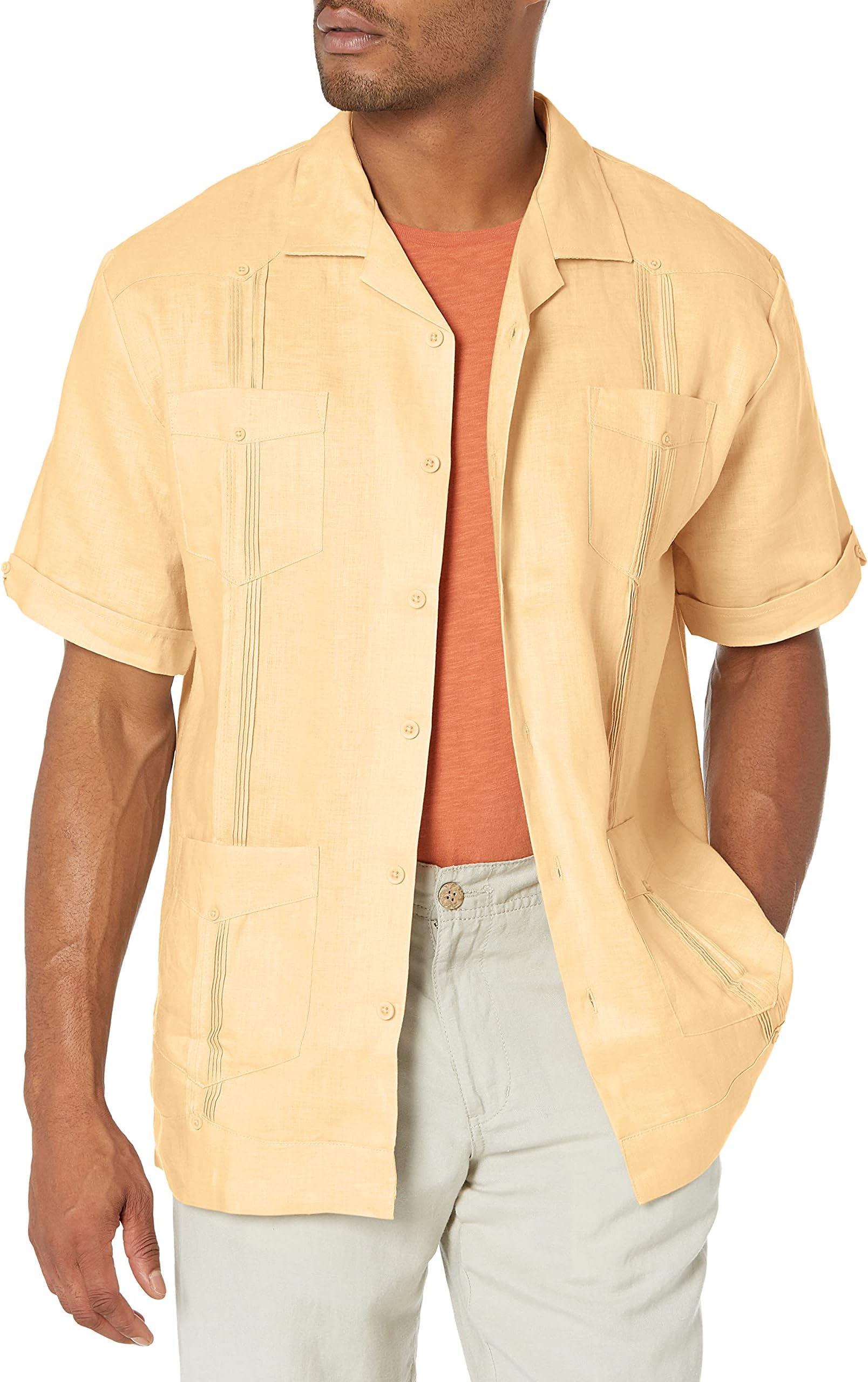CubaveraMen's 100% Linen Four-Pocket Short Sleeve Button-Down Guayabera Shirt (Size Small - 5X)