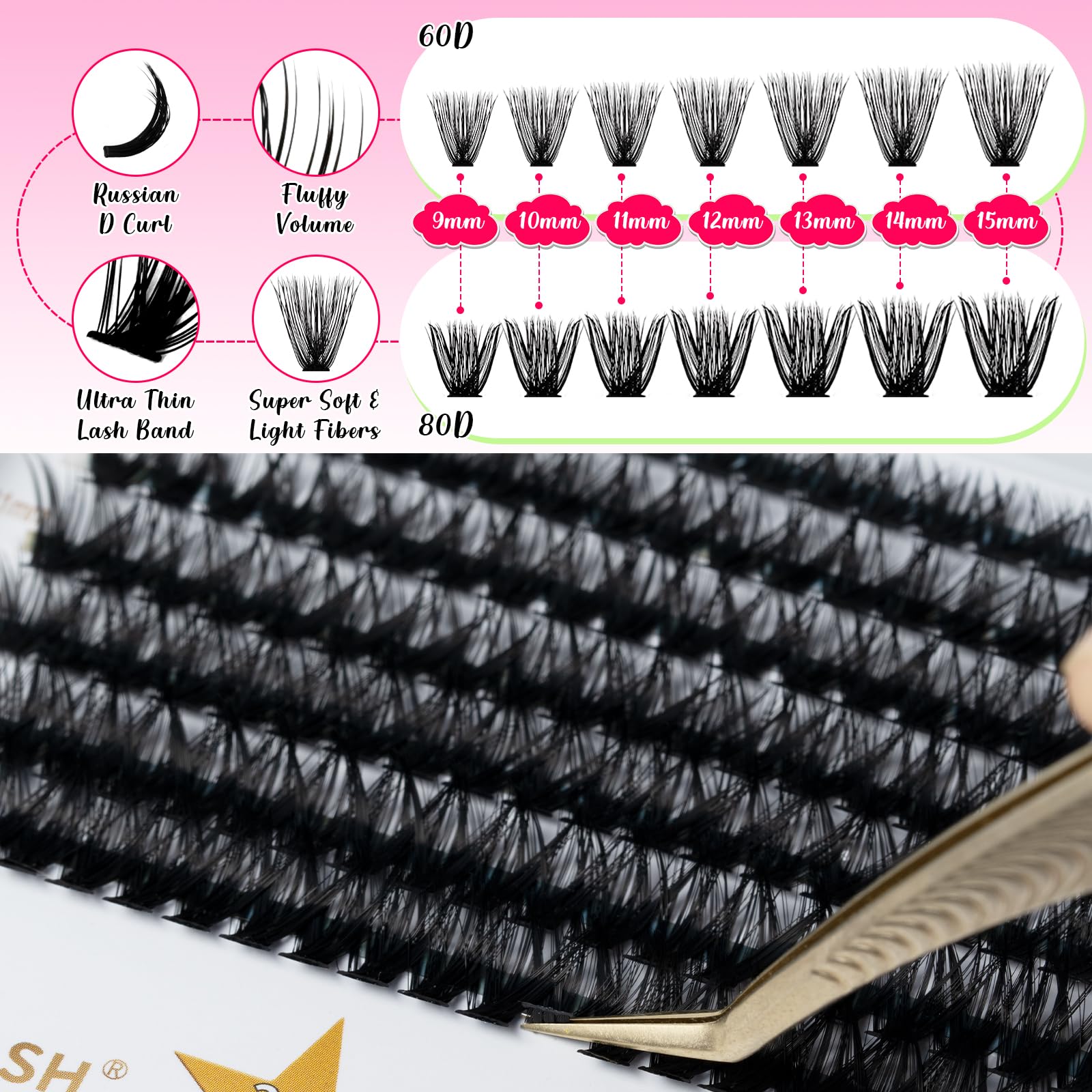 RITALASH DIY Eyelash Extensions Kit, 280 Lash Clusters 60D+80D-0.07-D-9-15Mix, Lash Bond and Seal, Lash Applicator (60D+80D KIT) - Image 2