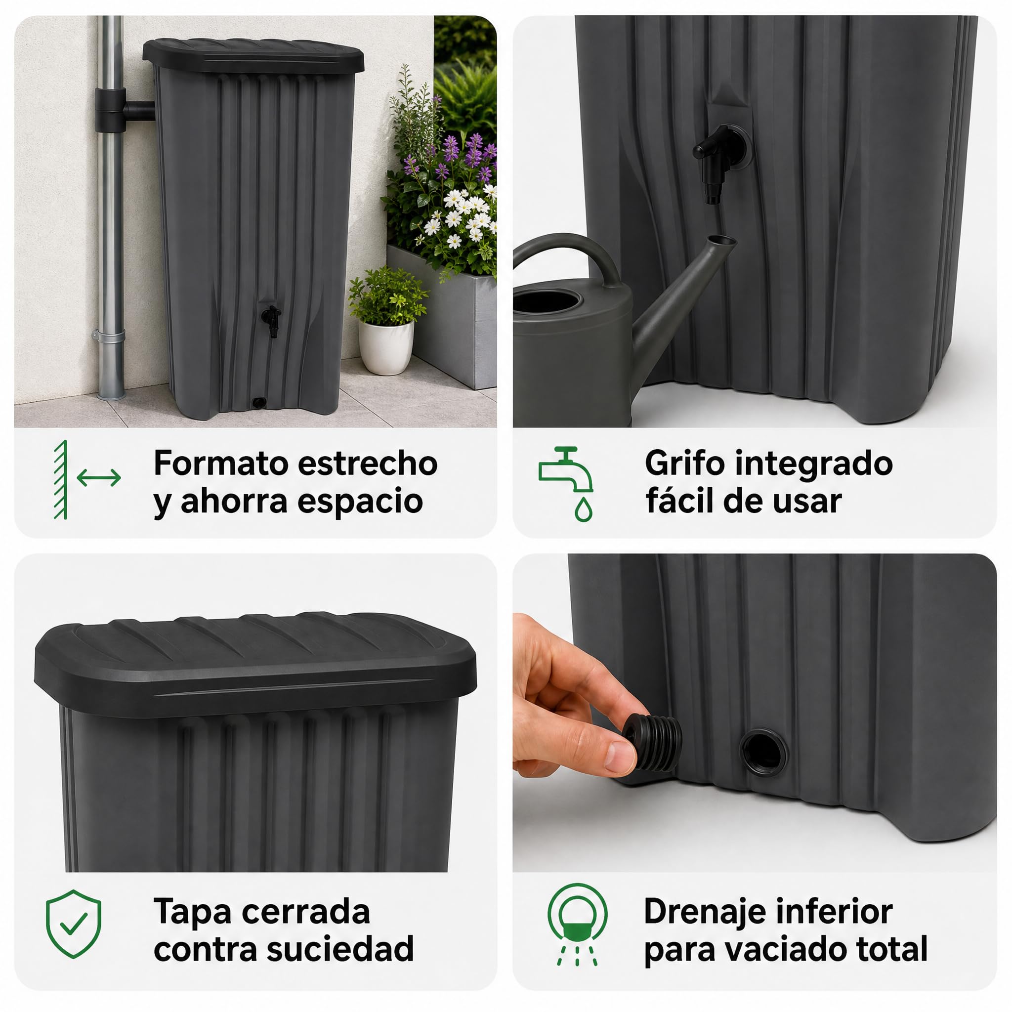 YourCasa Depósito Agua Lluvia 150 L, Estrecho con Grifo, Antracita | Recolector de agua de lluvia compacto para jardín, terraza y balcón; plástico resistente UV, fabricado en Francia