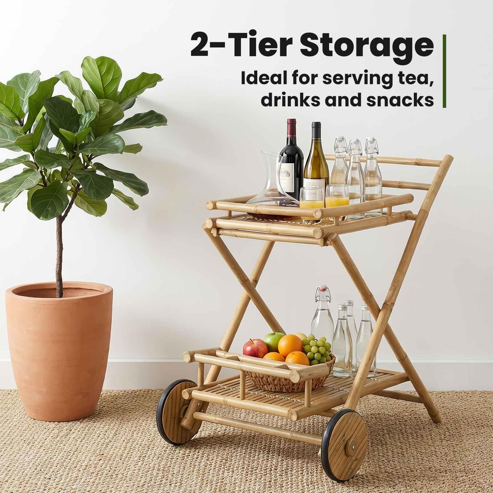 vidaXL Carrello da Servizio con Ruote Naturale 79 x 67,5 x 84 cm bambù, Carrello da tè in Bamboo Moderno e Resistente, Versatile per Interni ed Esterni, Pratico e Compatto con Ruote