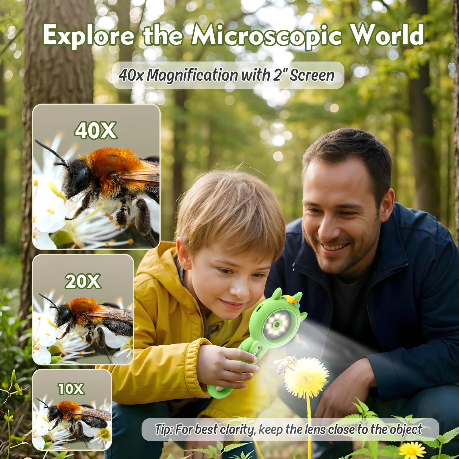 Microscopio para niños: aumento de 500x, zoom de 16X, microscopio de mano para niños con cámara HD, herramienta portátil de aprendizaje científico, regalos de cumpleaños de Navidad para niños y niñas