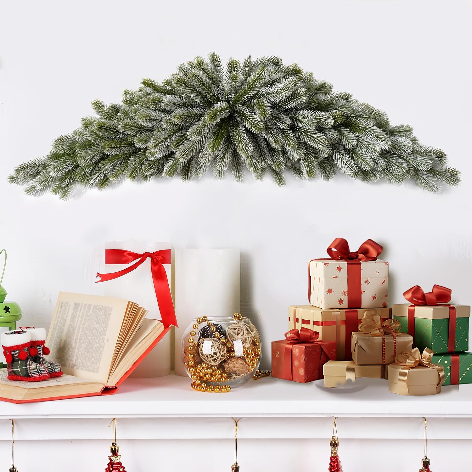 Christmas Swag Flocked Artificial Pine Garland Faux Snowed Evergreen Winter Holiday Decoration Fireplace Mantel Xmas Home Decor 42”