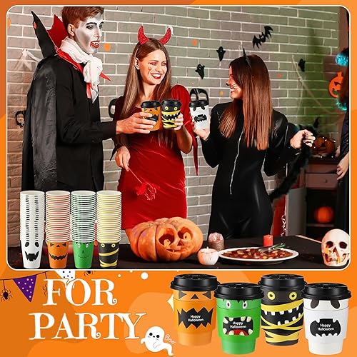 Miniatura 6 de Umigy Paquete de 100 tazas de café desechables de Halloween de 12 onzas, tazas de café de papel con tapas de cúpula y fundas para bebidas frías y
