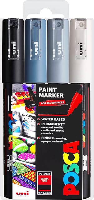 Posca PC-1M Paint Marker Art Pens - 0.7mm  Grey Tones Set of 4 Pens in Wallet