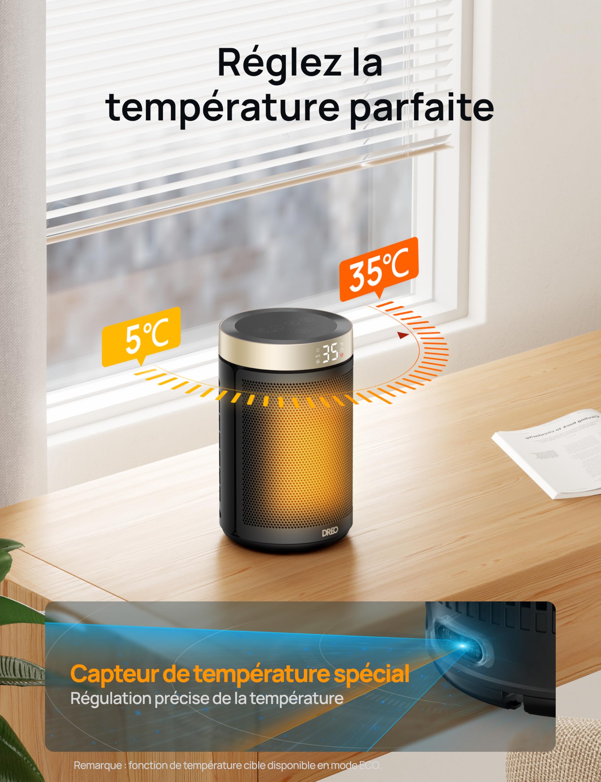 Dreo Chauffage d'appoint, Chauffage Electrique Soufflant Economique avec Thermostat, Minuterie 1-12H, Mode Éco, Chauffage Céramique PTC Rapide de 1500 W en toute sécurité, Chauffage 316