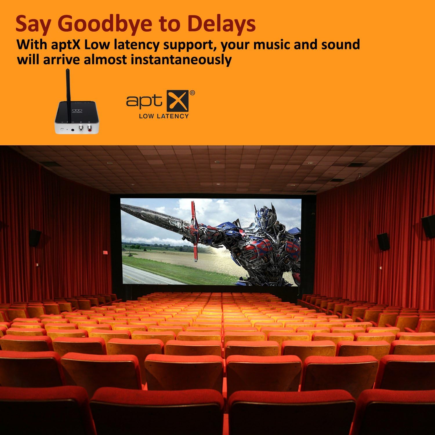 Graphic illustrating aptX Low Latency with a movie scene.
