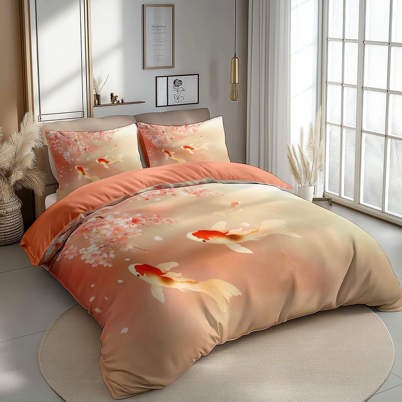 Kirschbaumzweig mit Koi Karpfen Wendebettwäsche 200x200 cm in Korallenrosa, kuschelige Bettwäsche-Set 3-teilig, weich bügelfrei & allergikergeeignet, inkl. 2x Kissenbezug 80x80 cm mit Reißverschluss