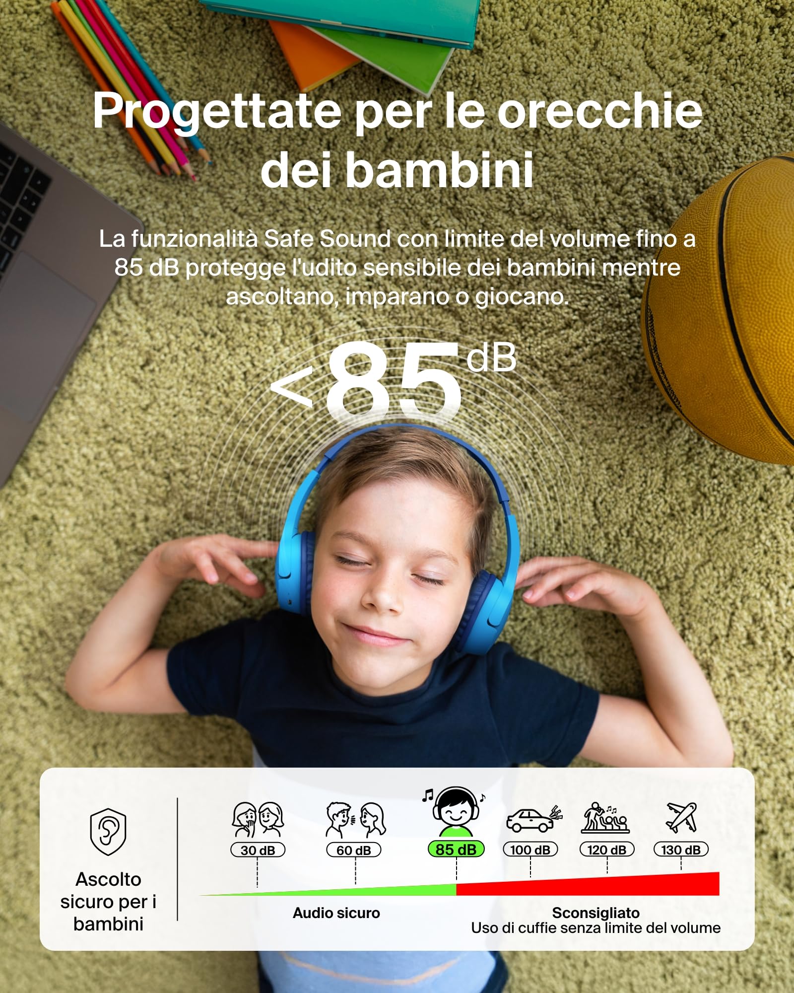 Belkin SoundForm Mini Cuffie wireless per bambini con microfono, 30 ore di riproduzione, adesivi divertenti, headset over-ear per didattica online, scuola e viaggi, per iPhone, iPad e Galaxy, blu