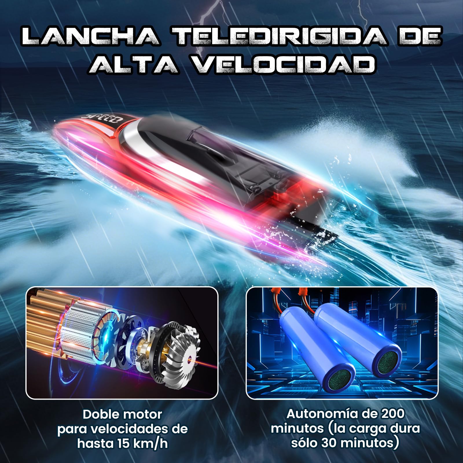 JONRRYIN Barco Teledirigido 2 Piezas, 2.4GHz Barcos Teledirigidos con Luces LED y Alarma de Batería Baja, Barcos RC Regalo para Niños y Adulto (Rojo+Azul)