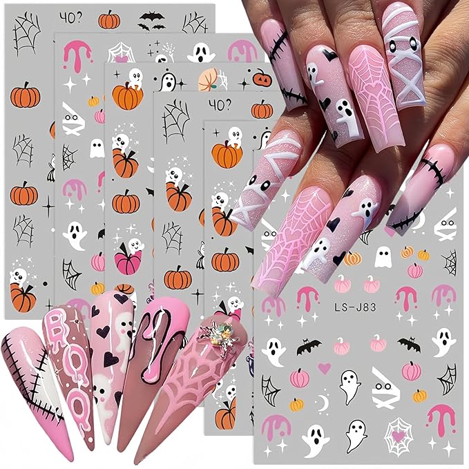 Halloween Nail Art Stickers Ghost Nail Decals 3D Horror Ghost Skull Spider Web Bat Pumpkin Self-Adhesive Decals Designs Halloween Nail Supplies for Women Manicure Holiday Decorations Charms 6 Sheets