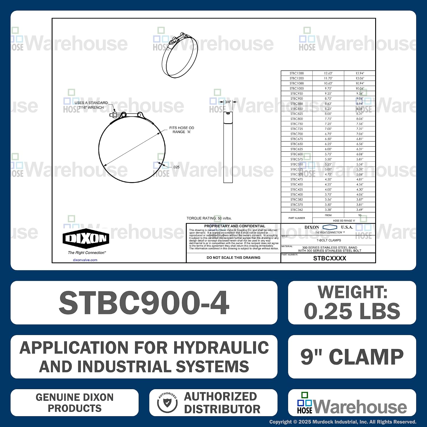 Genuine Dixon 9" T‑Bolt Clamp (Pack of 4) – Includes (4) STBC900 Stainless Steel Hose Clamps | Working Range 8.75" to 9.06" | Heavy‑Duty (9" - Working Range 8.75" - 9.06")