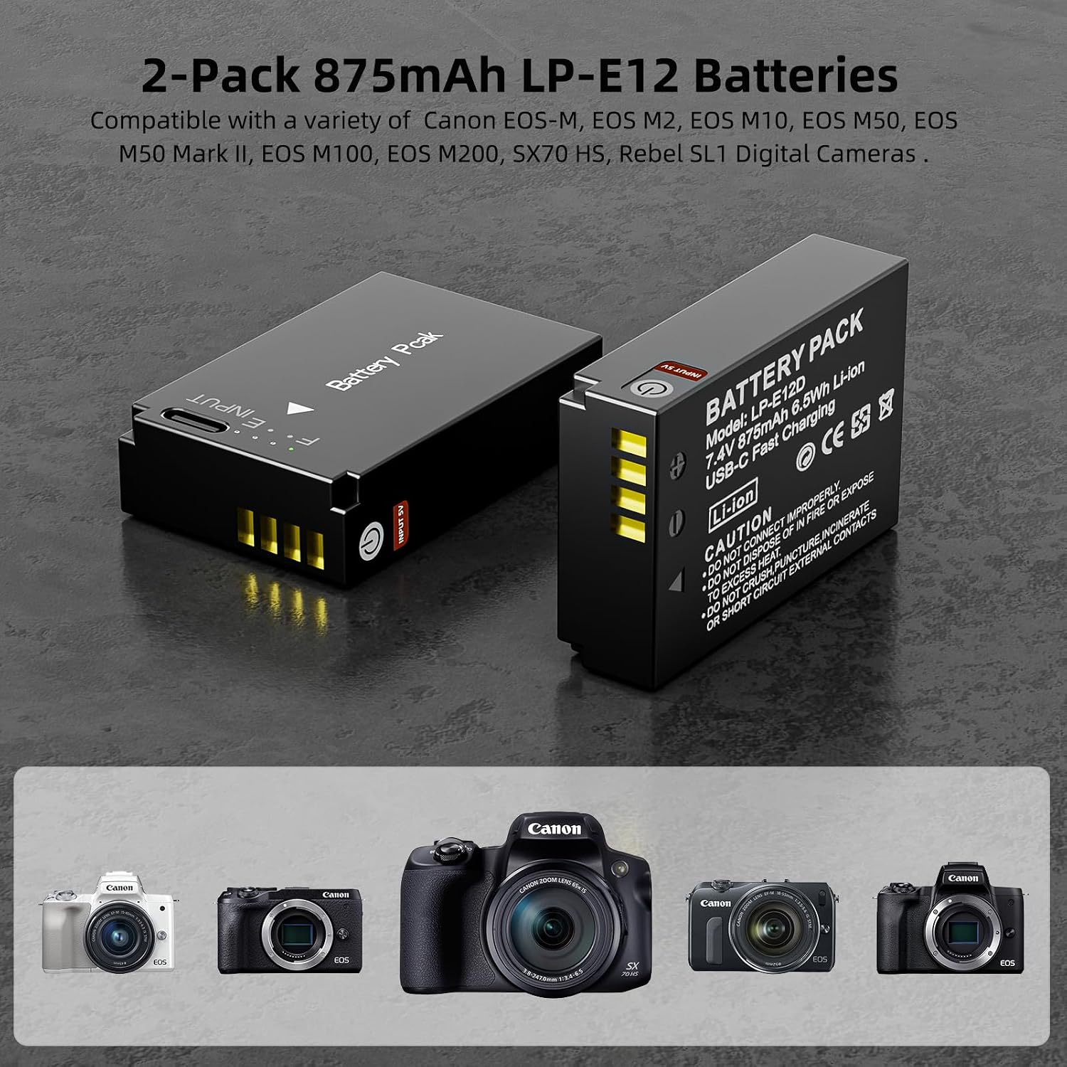 2-Pack LP-E12 Replacement Batteries with Type-C Direct Charging Port for Canon EOS-M, EOS M2, EOS M10, EOS M50, EOS M50 Mark II, EOS M100, EOS M200, SX70 HS, Rebel SL1 Cameras (LP E12)