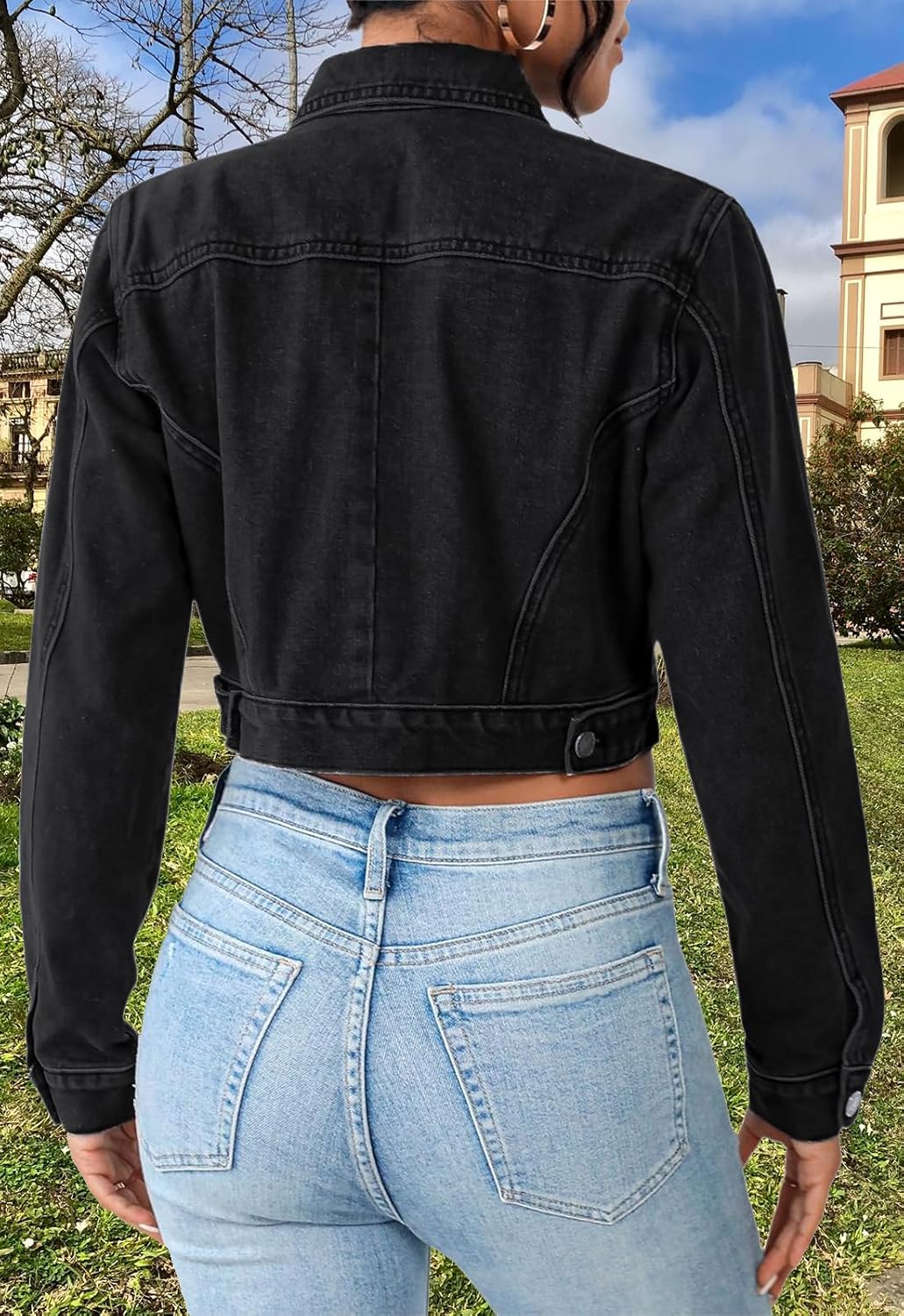 Cropped Jean Jacket for Women Long Sleeve Classic Casual Crop Top Denim Jackets Coat - Image 6