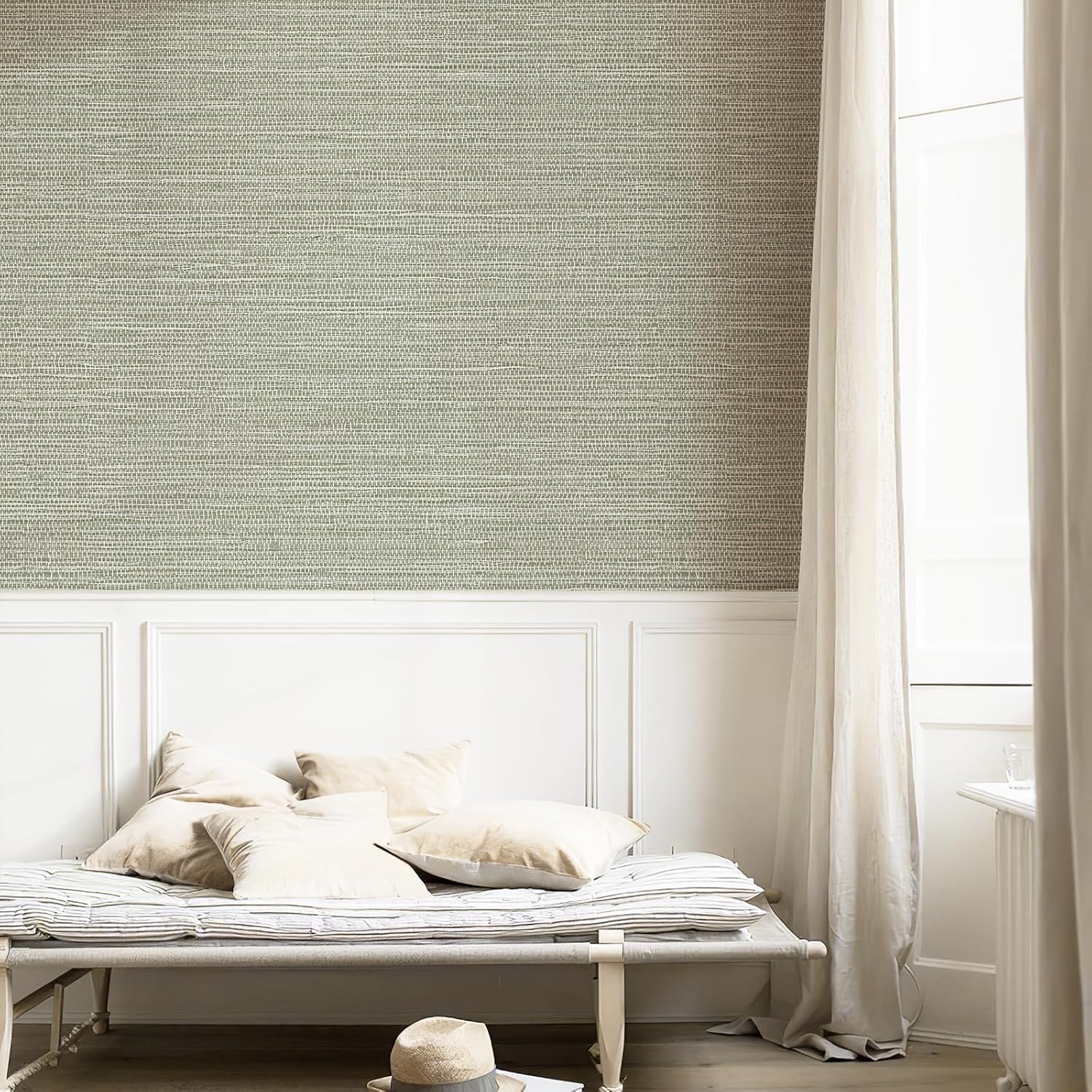 Simon&Siff Green Textured Grasscloth Peel and Stick Wallpaper 17.7"x394" Neutral Faux Grassweave Waterproof Self Adhesive Removable Wallpaper Mural for Home Decor Bedroom Kitchen Cabinet