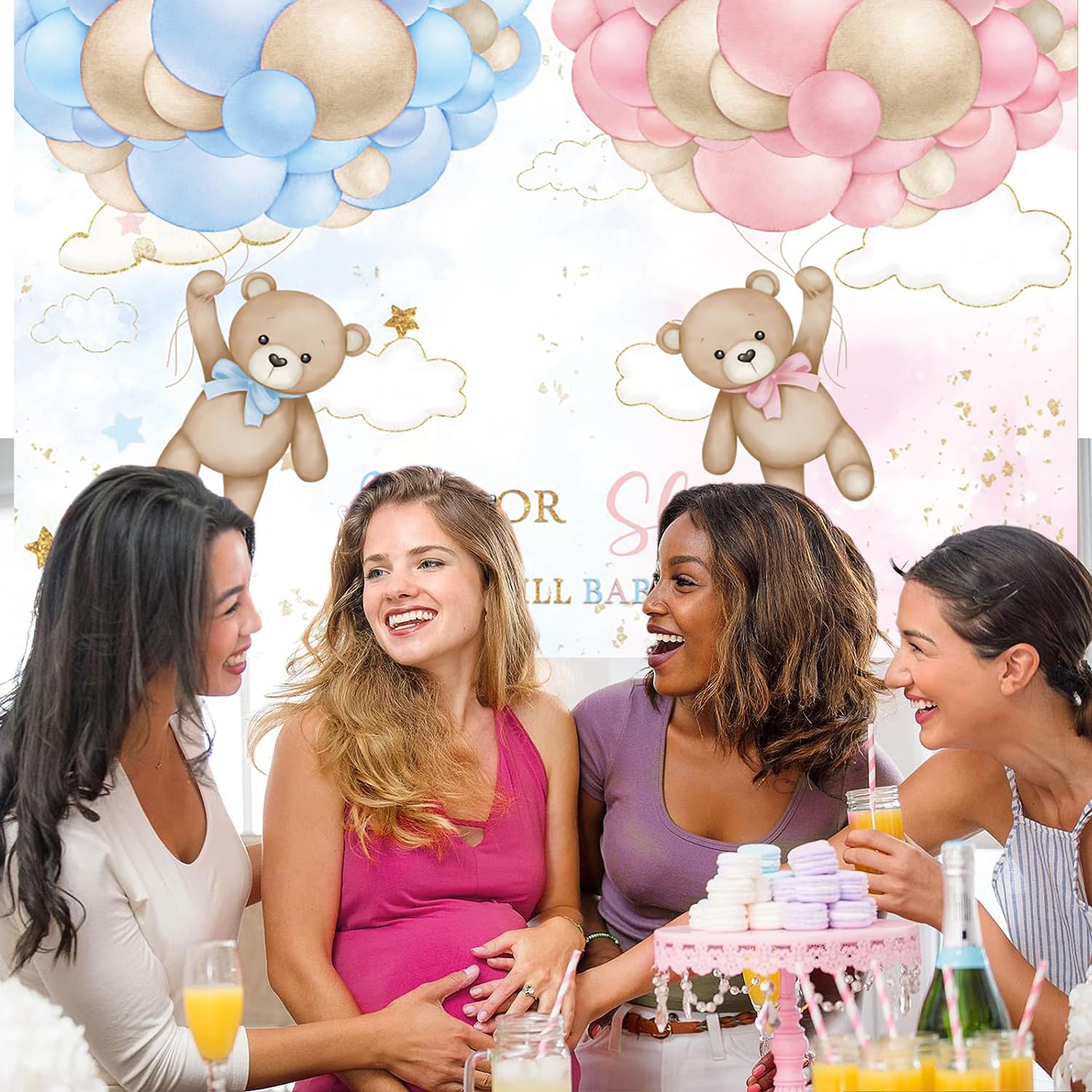 2.4x1.8m Telón de fondo revelación sexo Oso Globos Azul o Rosa He or She What Will Baby Be Fondo Fotográfico Fiesta de Revelación de Sexo Decoración de Mesa para Tarta Pancartas Atrezzo para Fotomatón