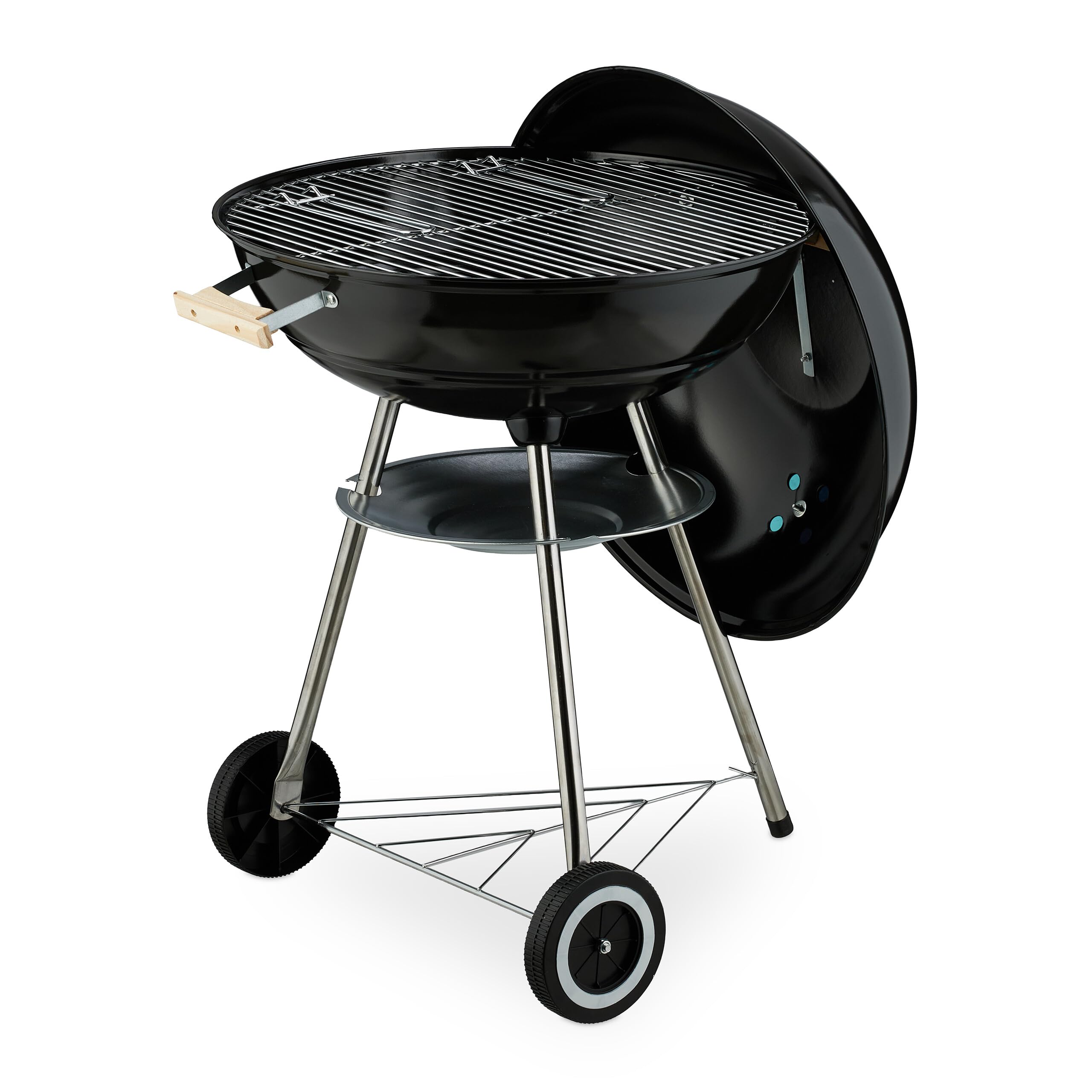 Relaxdays grill kulisty, Ø 54 cm, grill zewnętrzny z kółkami, łapacz popiołu, kratka wentylacyjna, grill na węgiel drzewny, czarny