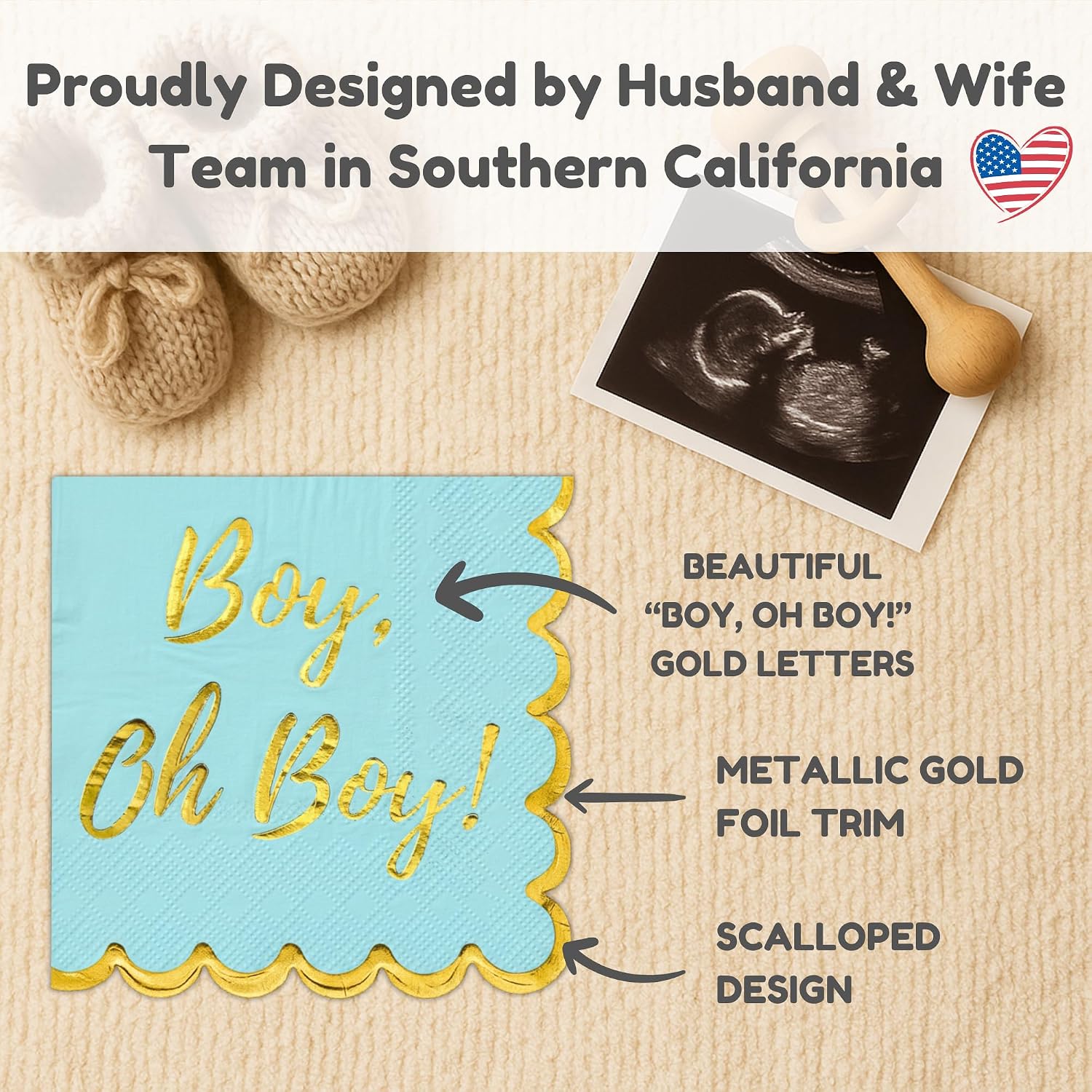 Baby Shower Decorations for Boys, Blue and Gold Oh Boy Napkins, It's A Boy Decor, Gender Reveal Party, Pregnancy Announcements, Welcome Home, Sweet, Elegant and Disposable, 50 Pack
