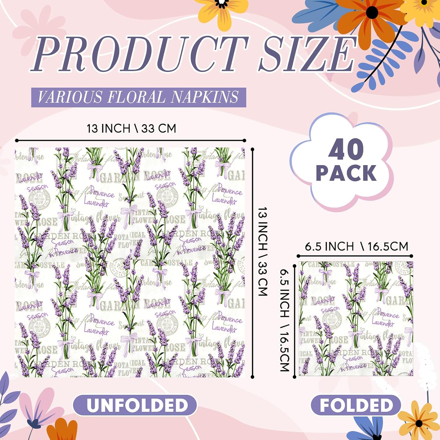 Crtiin 40 Pack Decoupage Napkins Assorted Floral Decorative Decoupage Napkins Cocktail Paper for DIY Crafting Birthday Party, Each Unfolded 13 Inch (Vibrant Floral)