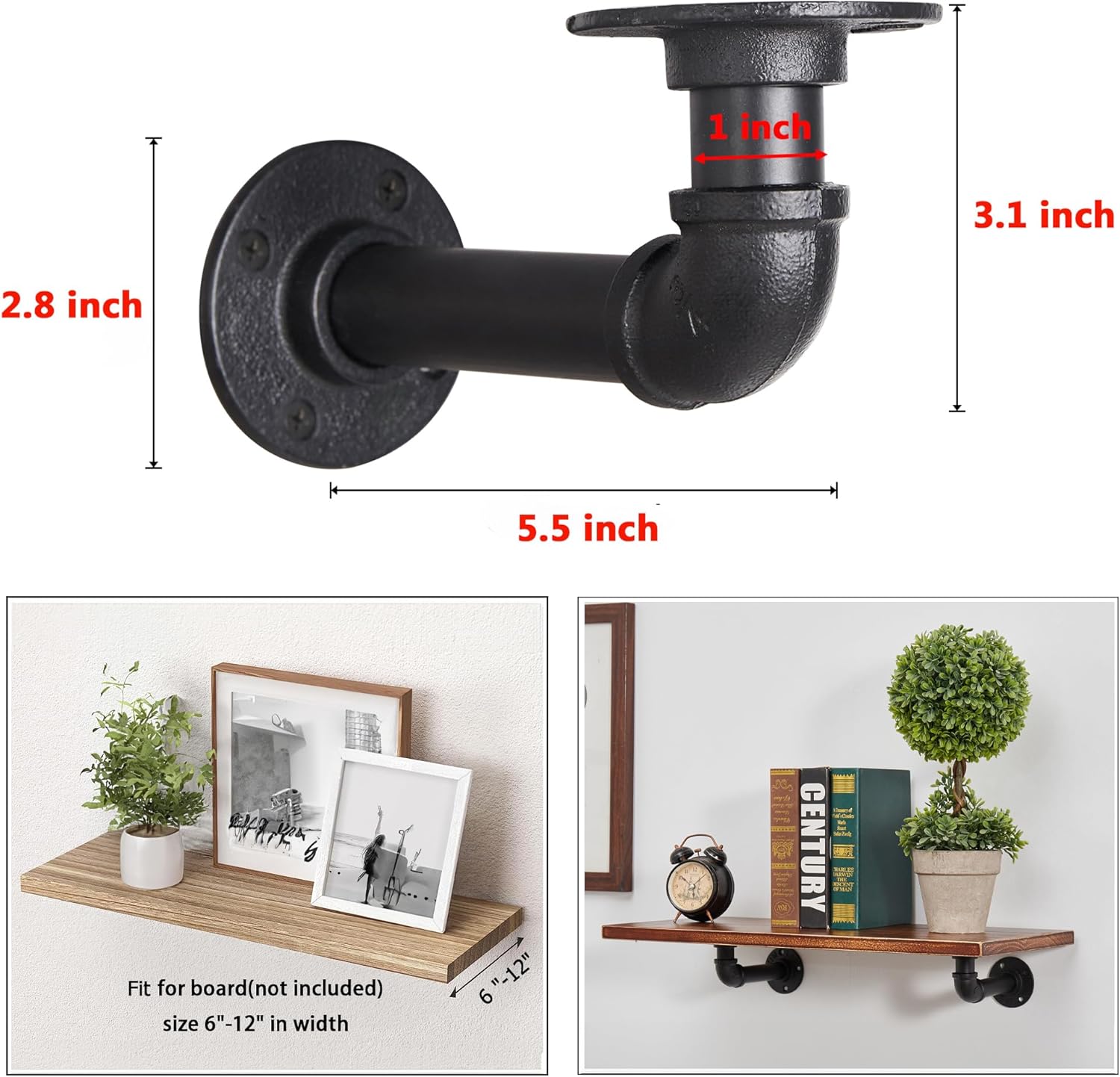 Industrial L Pipe Shelf Brackets for 6-12 in Depth Wood,Heavy-Duty 3/4" Iron,Wall Mount Floating Shelf Bracket L Metal Pipe Shelving Brackets for Wood-Black DIY Pipe Shelves(5.5*3.1 Inch 8 Pack)