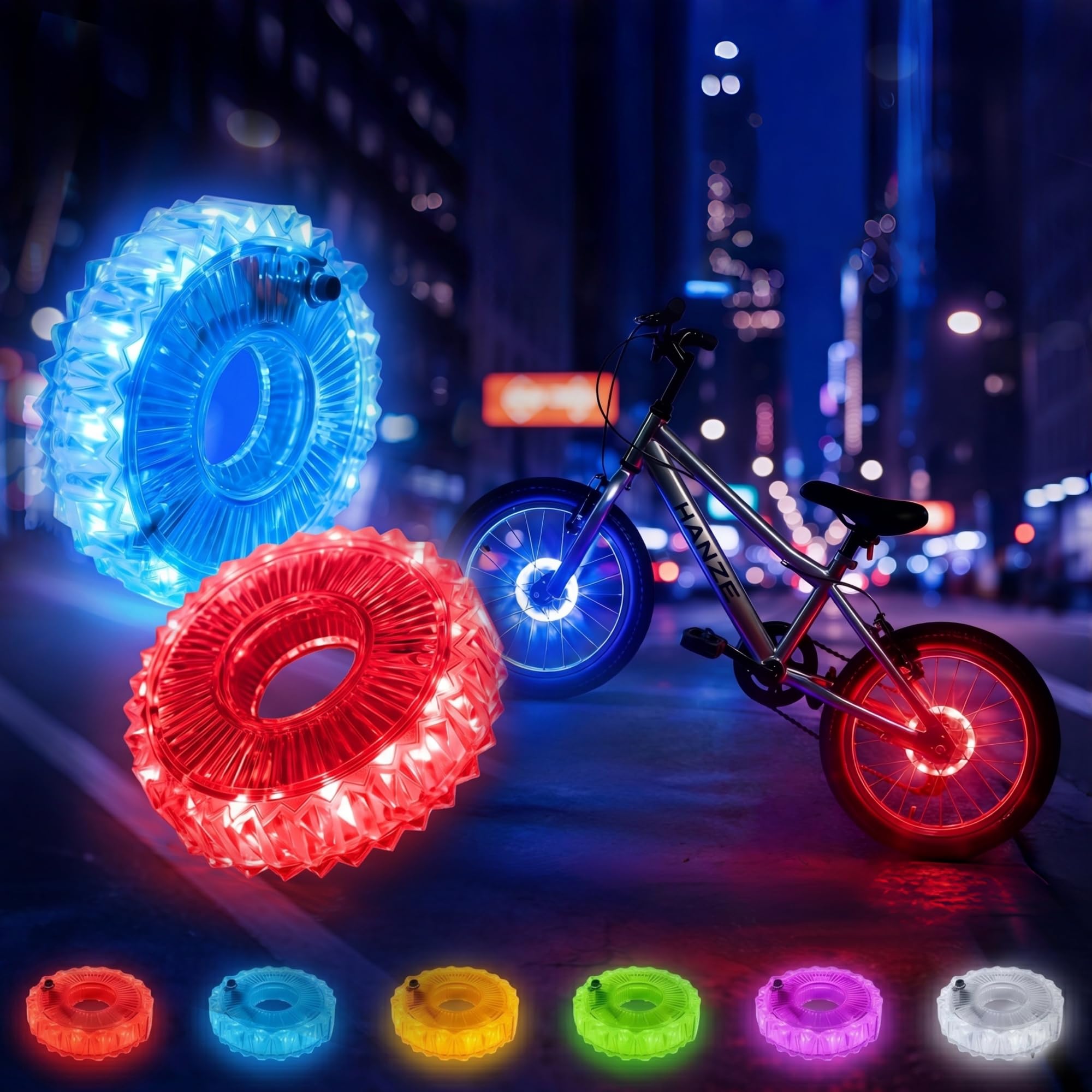 HANZE Lumières rechargeables pour roue de vélo – 9 couleurs, 21 modes d'éclairage, moyeu lumineux à DEL, autonomie de 20 heures, accessoires de sécurité pour pneus de vélo, lumières de rayons cool