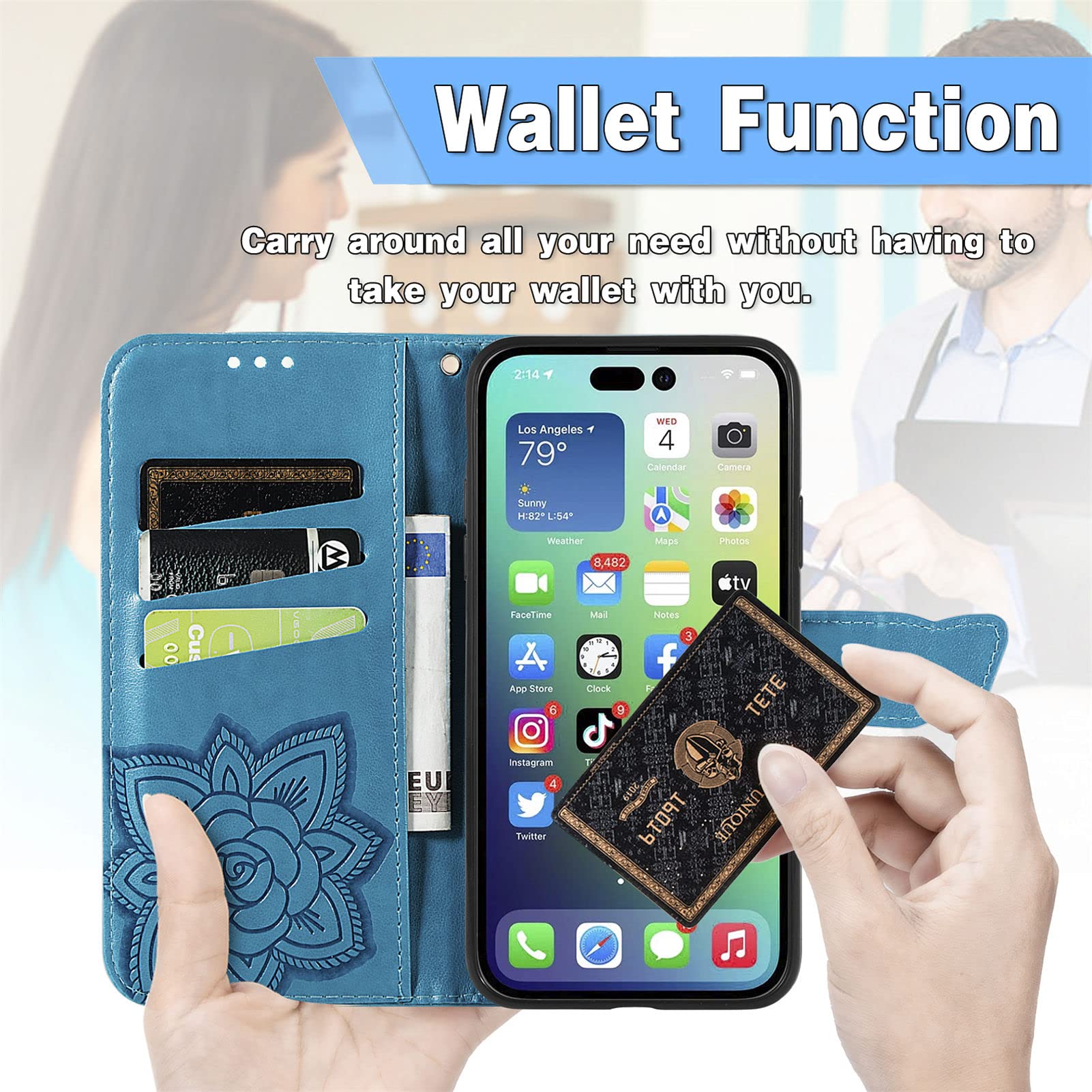 HAOTP for iPhone Xs Phone Case Wallet,Women Flip Folio Cover for iPhone X with Credit Card Holders Emboss Butterfly Flower PU Leather Purse Wrist Strap Kickstand Case for iPhone X/XS 5.8 inch Blue