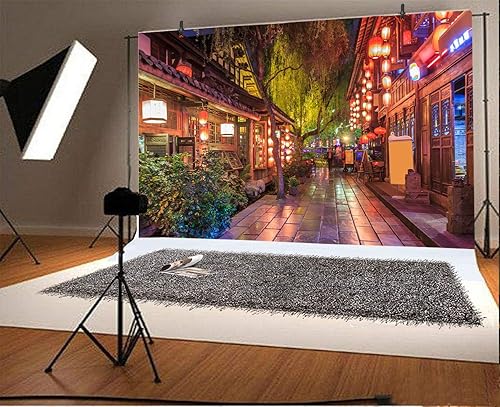 Yeele Telón de fondo de estilo chino de 10 x 8 pies, vista nocturna de la ciudad antigua, fondo de linterna de callejón antiguo para fotografía,