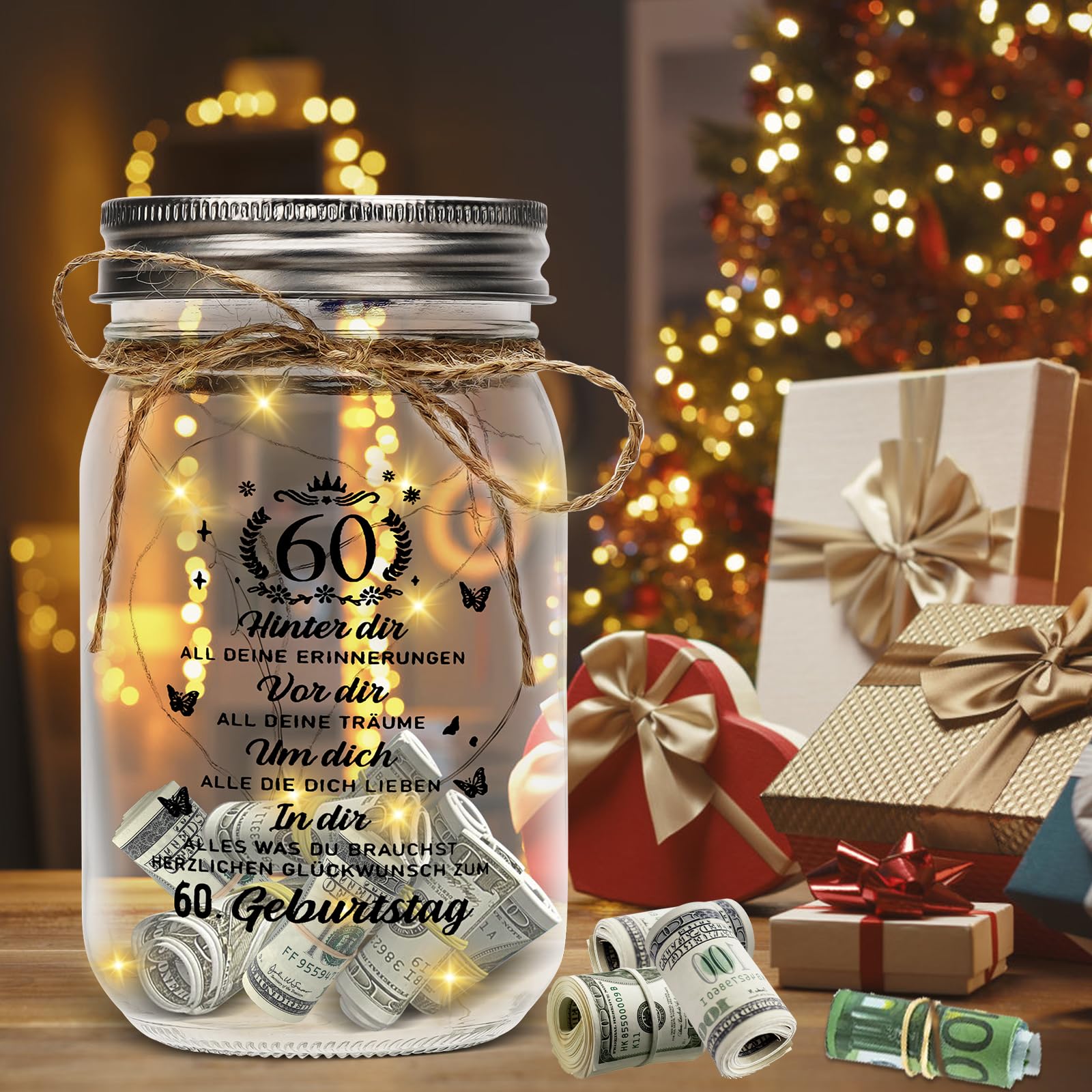 Bottiglia Luminosa LED Per 60° Compleanno – Regalo Con Auguri Incisi, Vetro Temperato Con Luce Calda