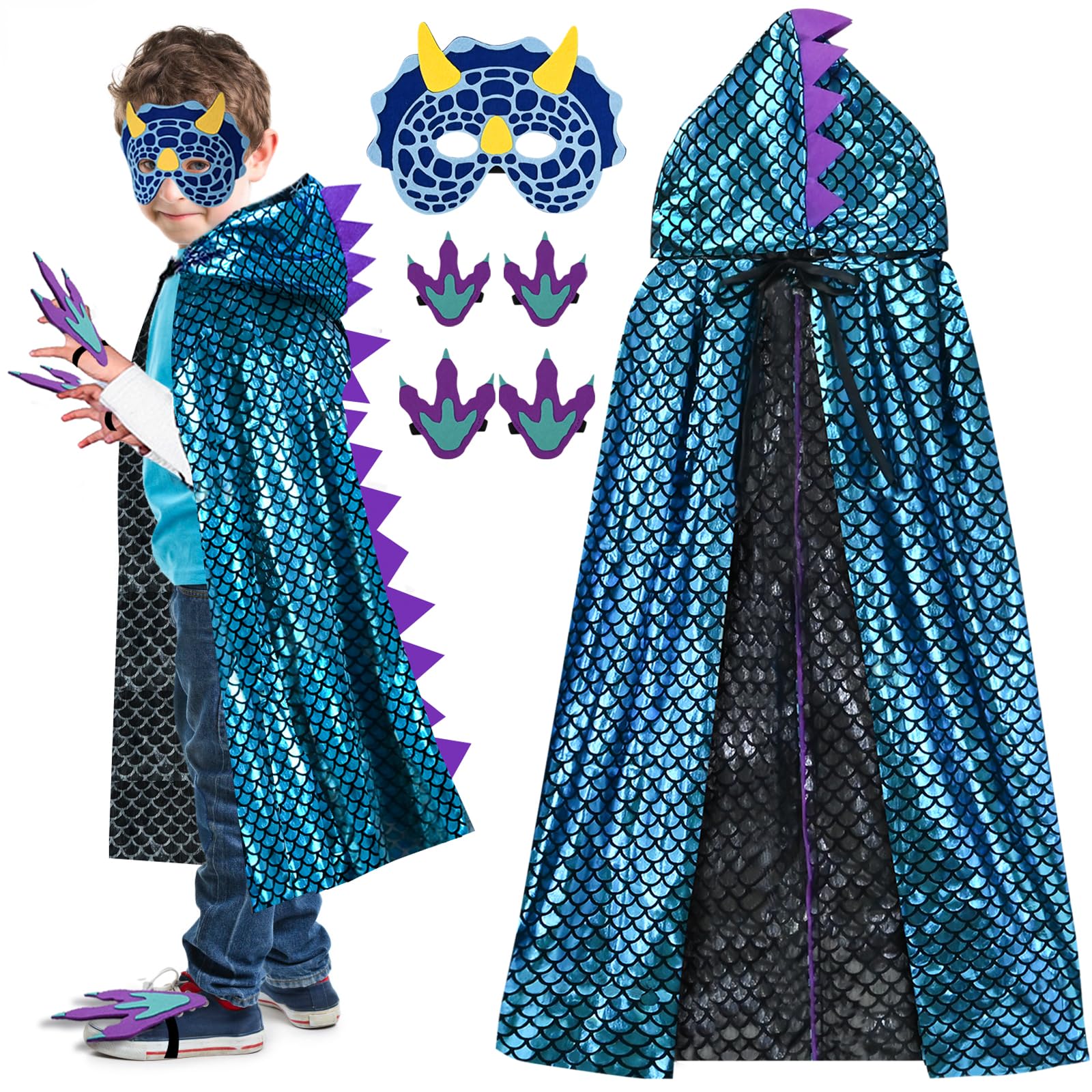 FORMIZON Capa de Dinosaurio Infantil, Azul Cosplay Capa con Máscara , para Niño 3-9 Años, Disfraz de Dragón para Fiesta Temática Carnaval Halloween