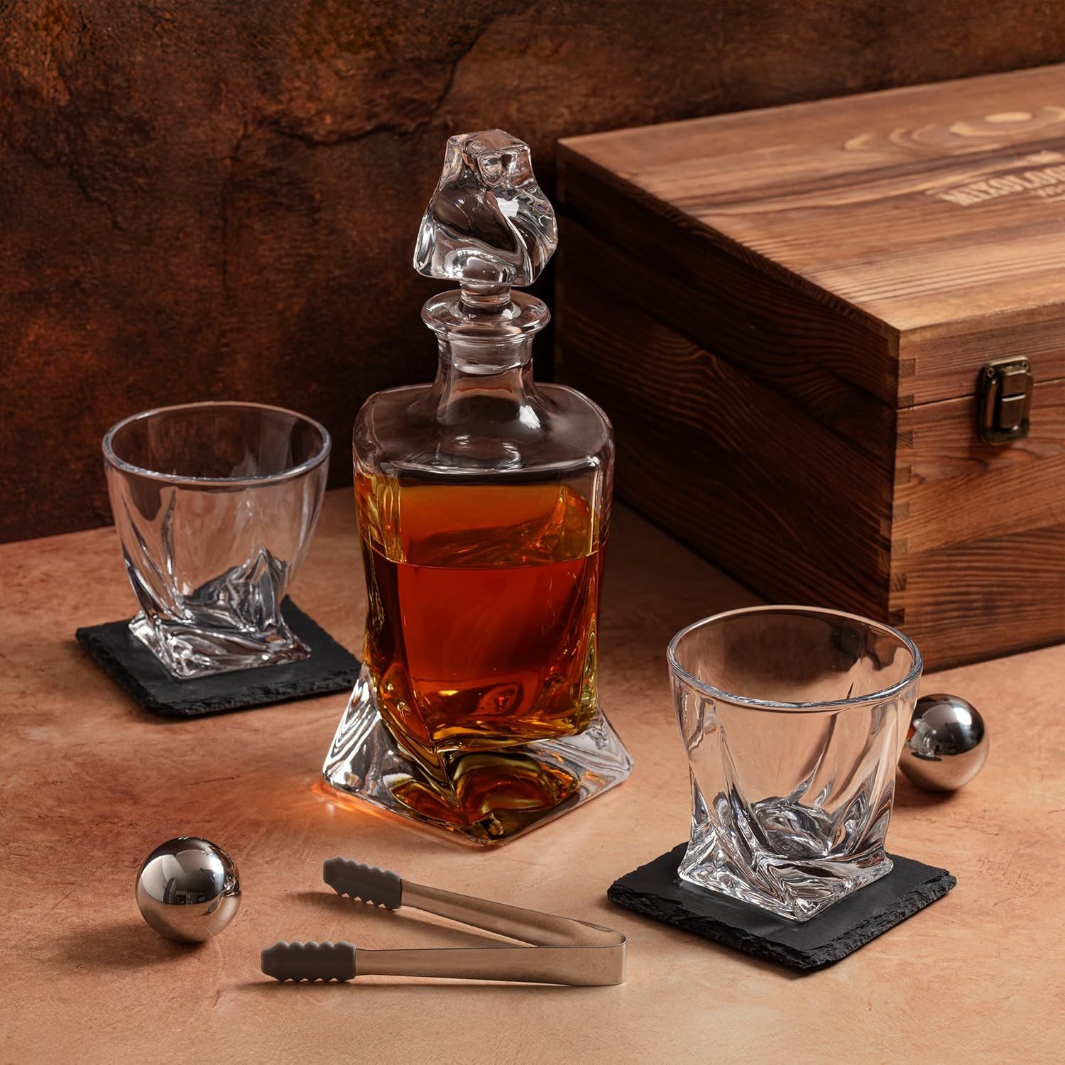 Mixology & Craft Crystal Whiskey Decanter Set 24oz with Whiskey Glasses & Stainless Steel Chilling Stones - Bourbon Glass Gift Set for Men - Image 9