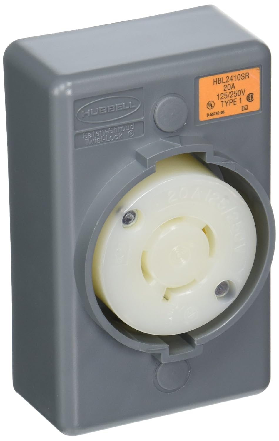 Locking Devices, Twist-Lock, Safety Shroud, Surface Mount Receptacle, 20A 125/250V, 3-Pole 4-Wire Grounding, L14-20R, Screw Terminal, Gray