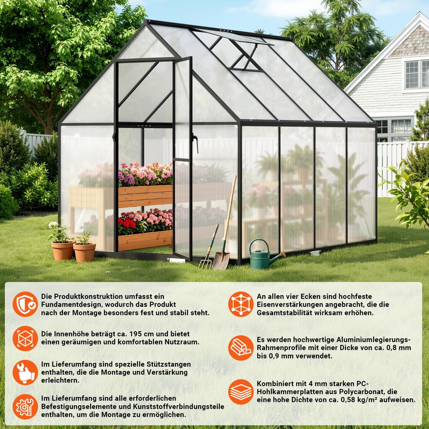 𝐉𝐚𝐱𝐠𝐮𝐨𝐦 Gewächshaus Aluminium 224 x 170 x 195 cm, 4 mm Polycarbonat-Hohlkammerplatten,mit Bodenrahmen & Dachfenster,Wetterbeständiges Tomatenhaus Treibhaus für Garten