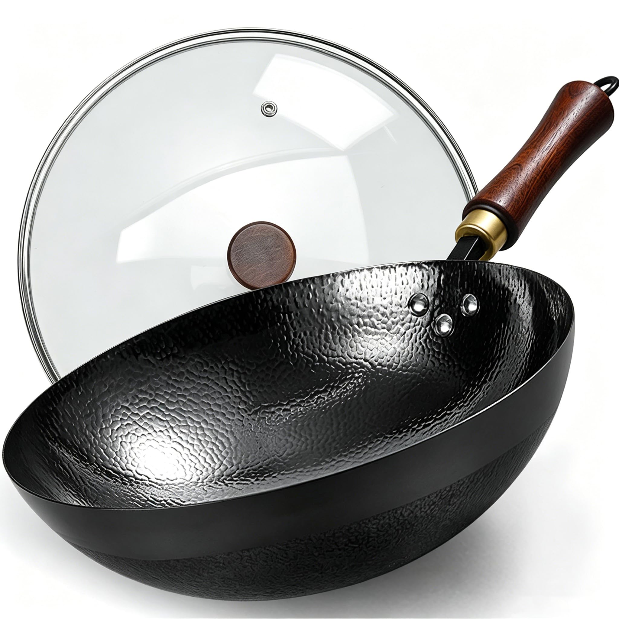 Carbon Steel Wok Pan, 12.6-Inch Nonstick Pre-Seasoned Woks &amp; Stir-Fry Pans with Glass Lid, No Chemical Coated Wok Round Bottom Hand Hammered Chinese Wok for Gas Stoves