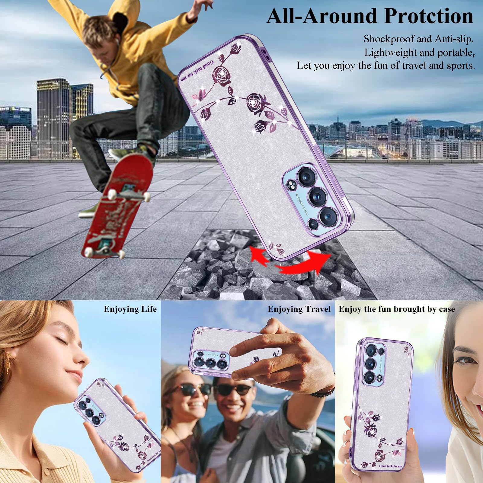 Coque Pour Oppo Reno 6 Pro 5G (6,55") Avec Cordon Collier, Etui Housse De Protection En Transparente Silicone Avec Réglable Cordon Bandoulière, Abricot Rose Noir