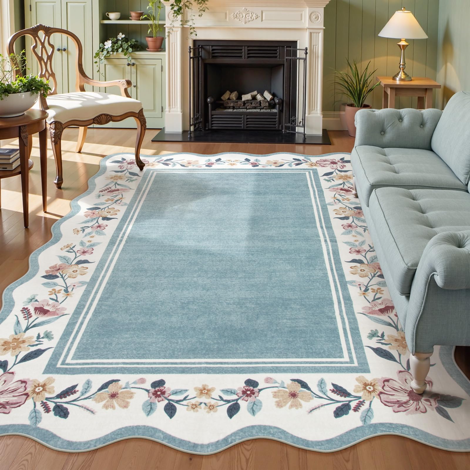 Lahome Floral Blue 8x10 Rugs for Living Room, Scalloped Washable Boho Area Rug Non Slip Vintage Low Pile Large Rug for Bedroom, Farmhouse, Dining Room